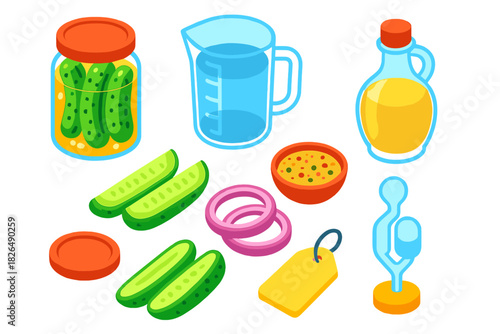 Cooking Techniques Icons. Isometric vector illustration set Cooking techniques – pickling jar, brine solution, vinegar bottle;
