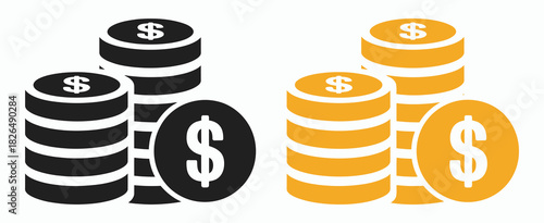 Coins stack icon with dollar sign 3d golden and black white, depicting realistic stacked coins, money symbols