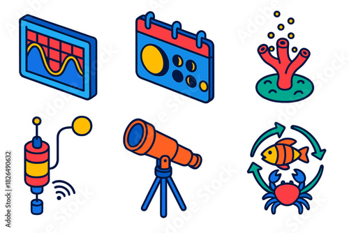 Marine Chronobiology Icons. Isometric vector illustration set Chronobiology of marine organisms: tidal charts, circalunar rhythm