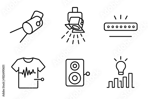 Line Style Show Icons. Line style icons of light and audio in digital shows: spotlight beam icon, synchronized strobe effect,
