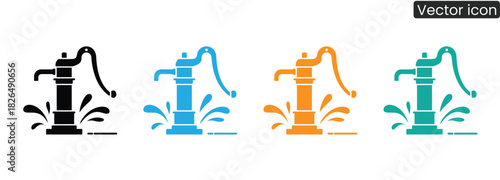 Water pump icons in various colors for a rural, rustic, or farming design, perfect for nature and outdoor concepts, emphasizing sustainability and clean water.