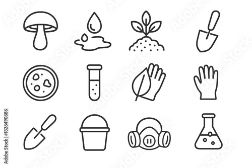 Bioremediation Line Icons. Line style icons of Environmental Bioremediation: Fungi, Oil Contamination, Toxin Removal, Soil