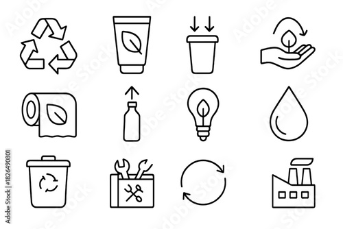 Eco Innovation Icons. Line style icons of Eco Innovation: Recycle Loop, Green Product, Waste Reduction, Resource Recovery;