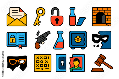 Mystery Resolution Icons. Flat vector icons of Mystery Resolution: confession letter, found key, broken lock, exposed passage,