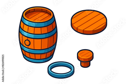 Oak Barrel Components. Isometric vector illustration set Oak Barrel Parts: Assembled staves, bottom head disk, galvanized hoop