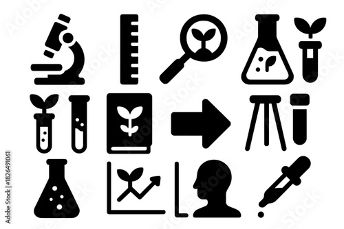 Mechanobiology Tools Icons. Solid style icons of experimental tools in plant mechanobiology: microscope, ruler, magnifying glass,