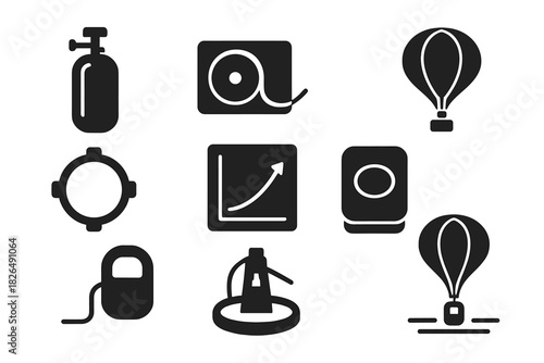 Stratospheric Ascent Icons. Solid style icons of stratospheric ascent systems: helium tank glyph, tether reel icon, balloon