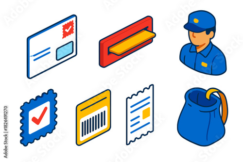 Voting Mail Icons. Isometric vector illustration set Voting and elections – mail-in ballot envelope, return postage stamp, address