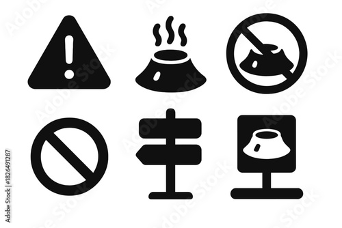 Crater Zone Warning Icons. Solid style icons of crater zone warnings: danger triangle glyph, heat alert icon, no go badge.