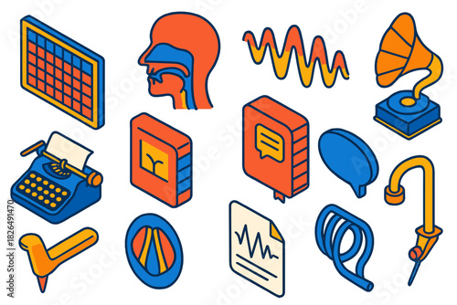 Vintage Phonetics Icons. Isometric vector illustration set Vintage Phonetics: IPA reference chart, side view vocal tract,