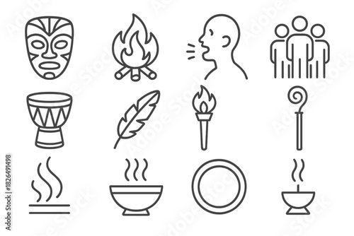 Line Icons Ritual Elements. Line style icons of Communal Ritual: Ceremonial Mask, Sacred Fire, Vocal Chant, Community Gathering;