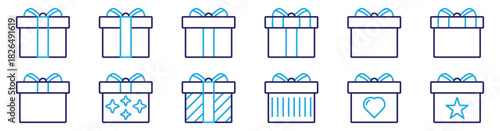 Gift box icon set in outline style. Present and surprise silhouettes for Christmas, holiday, and celebration design elements.