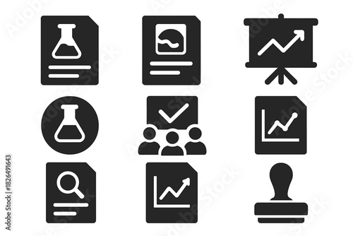 Scientific Icons Collection. Solid style icons of scientific communication and reports: lab report sheet, scan result page,