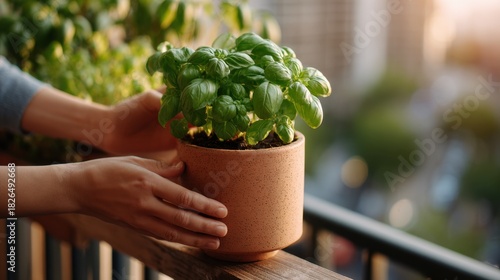 Hands Placing Healthy Basil Plant on Urban Balcony in Bright Morning Light for Urban Gardening