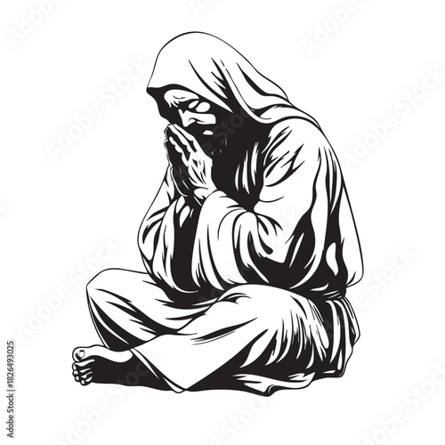 Black and White Line Art of Jesus Praying with Hands Together.