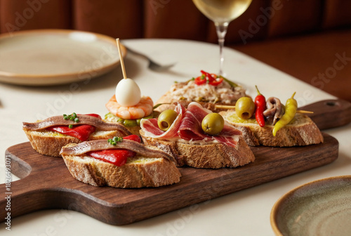 Selección de pintxos tradicionales españoles servidos sobre pan rústico en tabla de madera