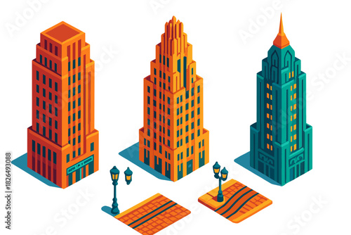 Art Deco Skyscraper Elegance. Isometric vector illustration set Skyscraper silhouettes – historic art deco block, stepped setback