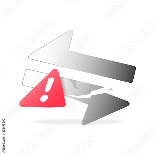 illustration of broken transfer with exclamation mark. failed sending or receiving, unsuccessful data transfer. for mobile apps, user interface alerts, system notifications, error messages