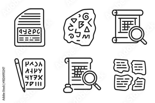Ancient Language Symbols. Line style icons of Script Decoding: Rosetta Stone, Undeciphered Script, Linguistic Puzzle, Cultural