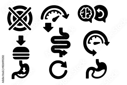 Anti-Hunger Icons. Solid style icons of anti-hunger symbols: reversed hunger icon, appetite meter with backward flow, satiety