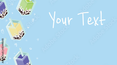 A delightful vector banner template featuring a repeating pattern of colorful, kawaii-style bubble tea drinks. This sweet graphic is ideal for promoting cafes, events, or social media content.