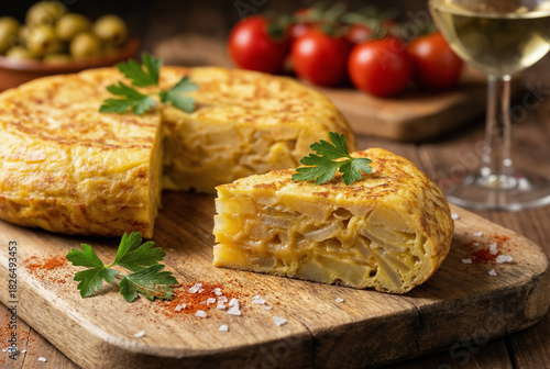 Tortilla española tradicional jugosa con patatas y cebolla