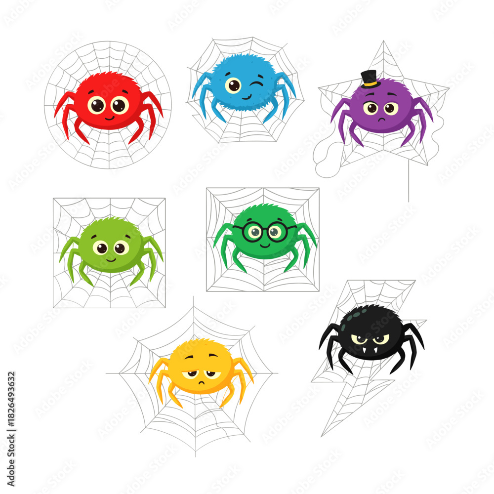 Obraz premium Cute cartoon Halloween spiders depicting various emotions