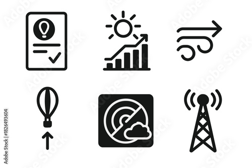 High-Altitude Ballooning Icons. Line style icons of High-Altitude Ballooning: launch permit document, UV exposure chart,