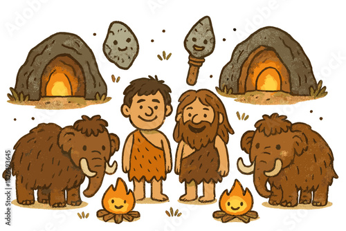 Prehistoric Camp Cartoon. Magical doodle prehistoric camp with cavemen smiling, friendly mammoths, cheerful fires, stone tools