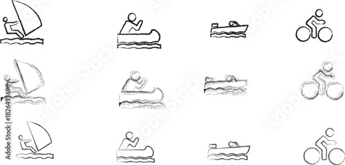 Monochrome Doodle Icons Representing Water Sports, Boating Activities, and Cycling Line Art Collection