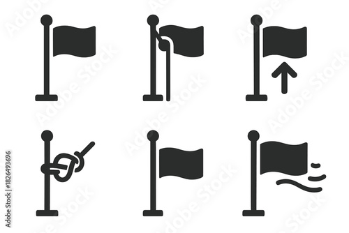 Vexillology Icon Set. Line style icons of Vexillology: flag hoisting icon, pulley system, flag up arrow, flag halyard icon,