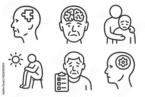 Aging Mental Health Icons. Line style icons of mental health in aging: memory loss symbol, dementia brain, emotional support