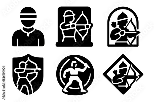 Historical Archery Icons. Solid style icons of historical inspirations: medieval blindfold icon, traditional archer slab, cultural