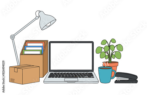 Laptop, coffee, and plant creating a workspace