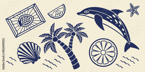 Tropical Beach and Ocean Themed Elements in Navy Blue on Beige Background Keywords: tropical, beach, ocean, sea, summer, vacation, travel, dolphin, palm tree, coconut tree, seashell, scallop shell