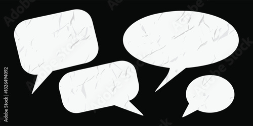 White Textured Speech Bubbles on a Black Background Keywords: speech bubble, talk bubble, thought bubble, white, blank, empty, textured, crumpled paper, graphic, design, element, set, collection