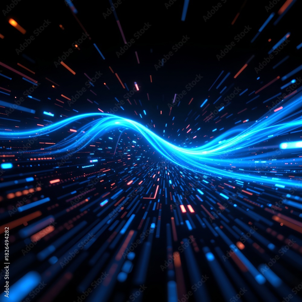 Fototapeta premium A dynamic and abstract image of glowing blue and orange lines against a dark background, representing digital data flow or energy