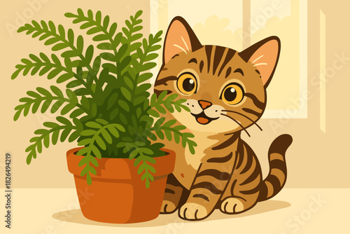 Kitten Behind Fern. Playful vector illustration tabby kitten hiding behind a potted fern, illuminated by soft natural light,