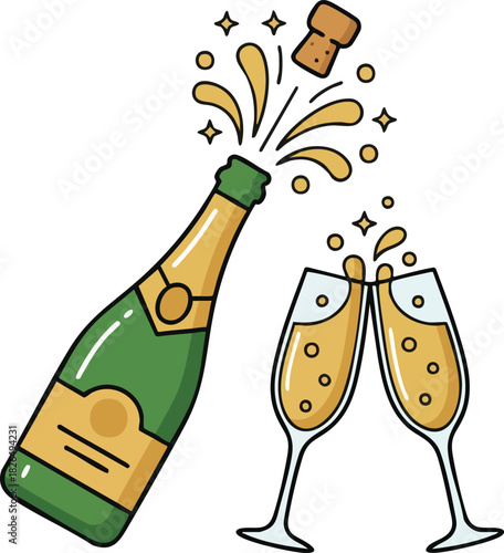 Popping Champagne Bottle and Clinking Glasses Celebration Vector
