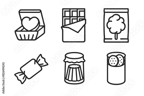 Dessert Packaging Icons. Line style icons of dessert packaging alternatives: candy shell box, chocolate wrap, cotton candy pouch,