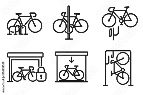 Bicycle Parking Icons. Line style icons of bicycle parking: bike rack, lock around post, wall mount for bikes, secured garage bay,