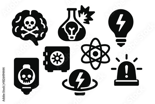 Dangerous Idea Icons. Solid style icons of dangerous idea incubators: brain with hazard symbol, idea flask explosion, lightning