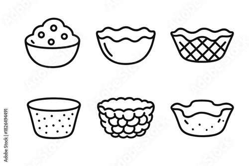 Edible Bowl Icons. Line style icons of edible food bowls: cookie dough bowl, chocolate shell bowl, waffle bowl, rice cracker cup,