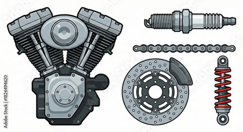Illustrated set of crucial motorcycle engine and essential bike components for vehicle repair and maintenance projects