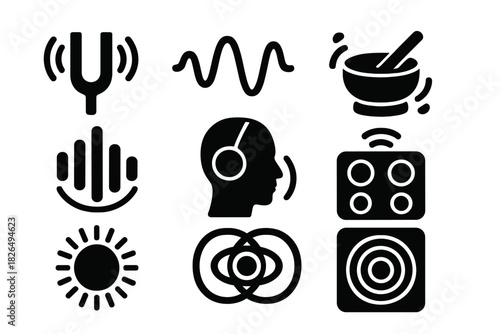 Sound Therapy Icons. Solid style icons of vibration and sound therapy: tuning fork glyph, frequency wave icon, sound bath ring.