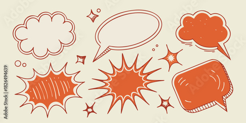 Hand Drawn Speech Bubbles and Starbursts in Orange and Cream Colors Keywords: speech bubble, talk bubble, thought bubble, comic, comic book, cartoon, illustration, drawing, hand drawn, sketch