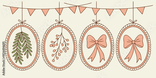 Oval Frames with Botanical Elements and Pink Bows Hanging from Bunting Keywords: oval frame, embroidery hoop, botanical, plant, leaves, berries, branches, pink bow, ribbon, bunting, garland