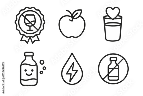 Health Line Icons. Line style icons of health and wellness benefits: no hangover badge, low calorie icon, heart-friendly drink,