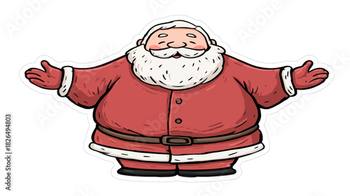 Jolly cartoon man with white beard and red suit, arms open for a welcoming embrace, celebrating festive holiday spirit and winter cheer, isolated illustration.