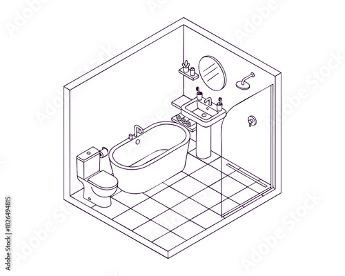 Isometric-Style Home Bathroom Interior with Sink, Toilet, and Shower — Line Art Illustration